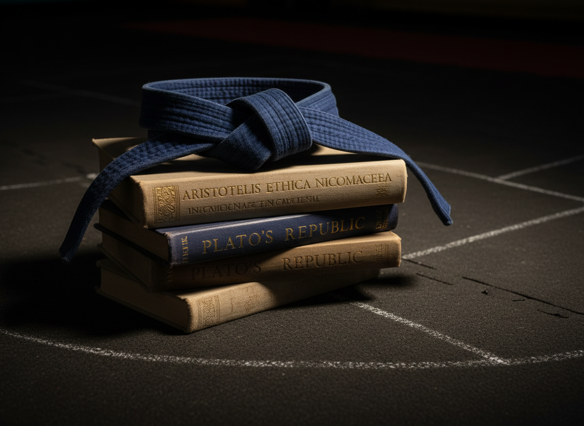 A close-up of a thick, navy-blue judo belt resting in a deliberate knot atop a stack of worn, cloth-bound philosophy texts with Greek and Latin titles embossed in gold. The stack sits on the edge of a dark, rubberized training mat, where faint chalk lines indicate practice zones. Warm, directional side lighting from a low desk lamp creates a chiaroscuro effect, accentuating the textures of frayed fabric and embossed lettering while the far side of the mat recedes into shadow. Photographic realism, shot from a low, slightly oblique angle with a shallow depth of field so only the belt and top books are crisp. The mood is serious and scholarly yet grounded in practice, conveying disciplined preparation for both intellectual debate and real-world self-defense decisions.