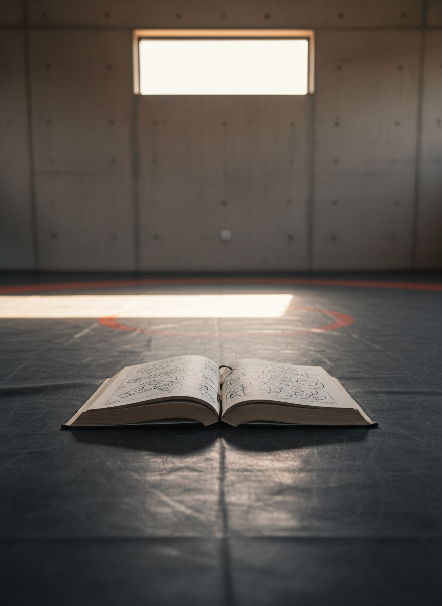 A heavy, well-worn leather wrestling mat in deep charcoal gray, its surface subtly creased and marked like a palimpsest of past conflicts, fills the foreground. In the center rests a single open hardcover book with cream pages, filled with dense philosophical diagrams and neatly annotated margins. The environment is a minimalist training hall with smooth concrete walls and a single high window. Late afternoon natural light slants in, creating a bright rectangle on the mat and long, contemplative shadows around the book. Photographic realism, shot at eye level with a shallow depth of field so the distant wall blurs into soft bokeh. The mood is disciplined and reflective, merging the worlds of combat training and abstract thought in a clean, professional aesthetic.
