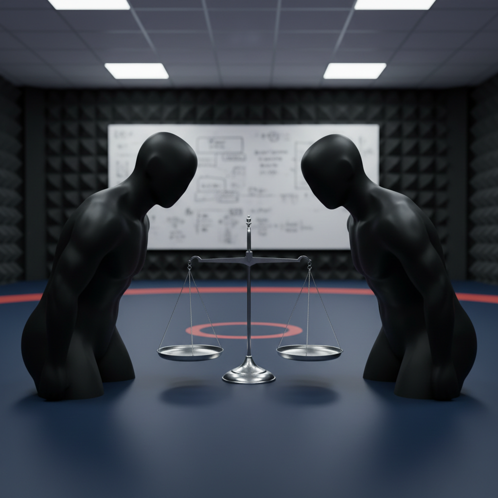 A pair of matte-black grappling dummies shaped as simplified torsos without faces or limbs stand opposite each other on a midnight-blue wrestling mat, frozen mid-clinch. Between them on the mat lies a polished metal scale, perfectly balanced, its reflective surface catching subtle highlights. The room is an austere studio lined with dark acoustic panels and a whiteboard covered in faint, blurred equations in the background. Cool, diffused overhead lighting casts precise, controlled shadows, emphasizing form and symmetry. Captured from a slightly elevated angle in photographic realism, with sharp focus throughout, the composition uses the rule of thirds to position the scale as a visual fulcrum. The atmosphere is analytical, professional, and quietly intense, symbolizing balance between physical leverage and intellectual strategy for crisis management.