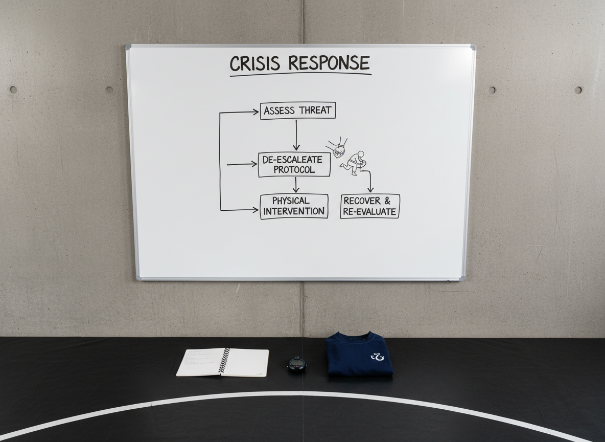 An overhead photographic shot of a large whiteboard mounted on a smooth concrete wall, covered with a carefully organized flowchart titled "Crisis Response" in crisp black marker. Arrows move between boxes labeled with logical steps, while small icons of wrestling grips and defensive stances are neatly sketched alongside key decision points. Below the whiteboard, on a dark wrestling mat, rests an open notebook, a black stopwatch, and a folded navy rash guard, all aligned with precision. Neutral, diffused studio lighting evenly illuminates the scene with no harsh shadows, emphasizing clarity and structure. The composition is clean and balanced, with ample negative space around the whiteboard edges. The atmosphere is methodical, professional, and focused on turning abstract theory into actionable, embodied strategy for high-pressure situations.